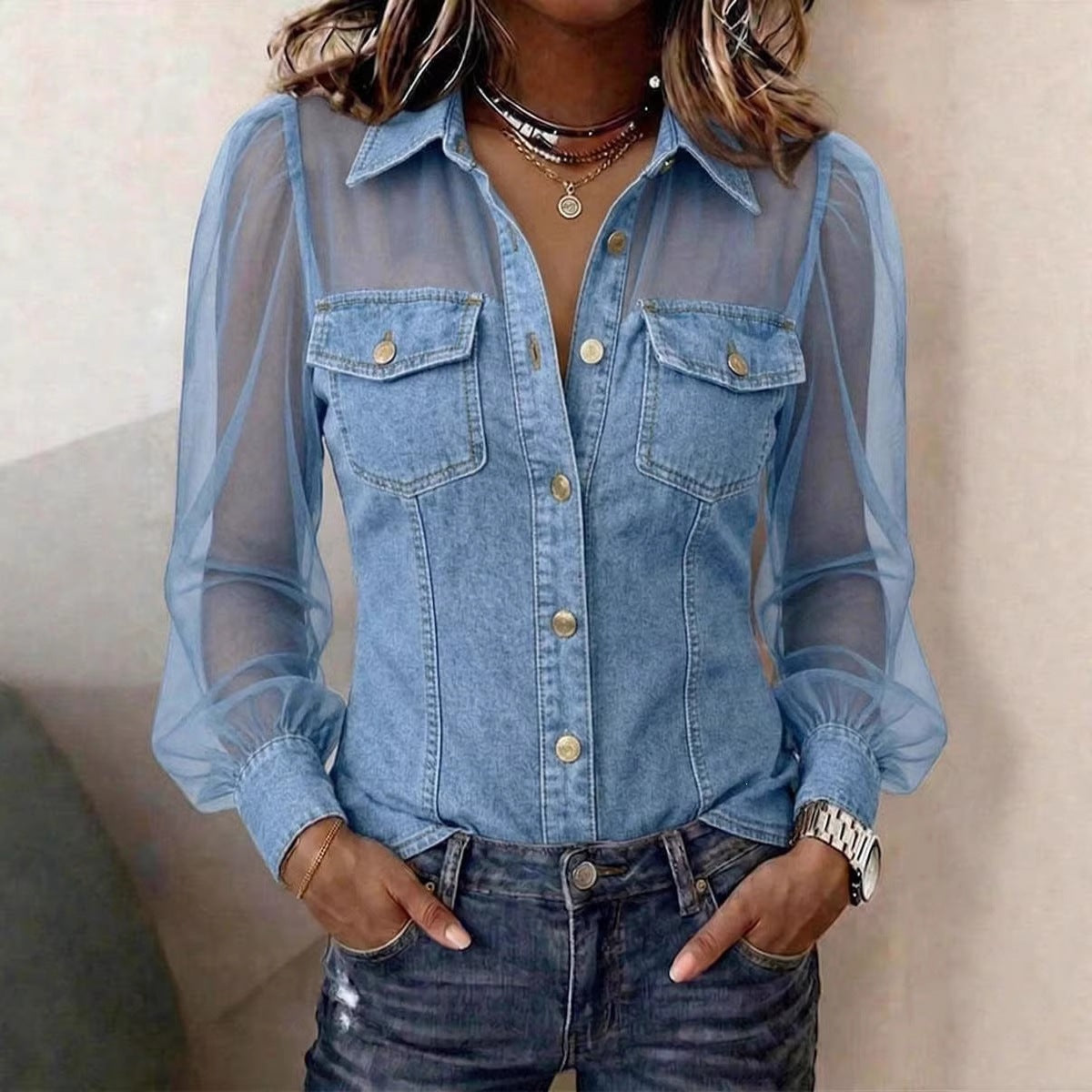 Aurora | Blusa efecto denim con mangas transparentes
