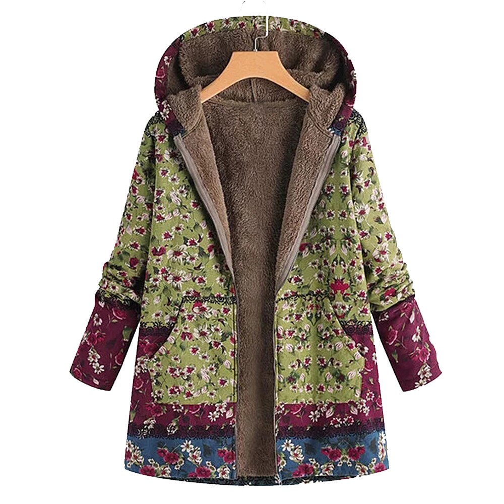 Winterjas Dames Fleece met Bloemenprint Zakken en Rits aan de Voorkant