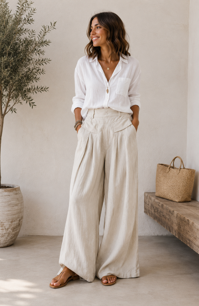 Chrissy | Pantalón de mezcla de lino con pierna ancha y cintura elástica