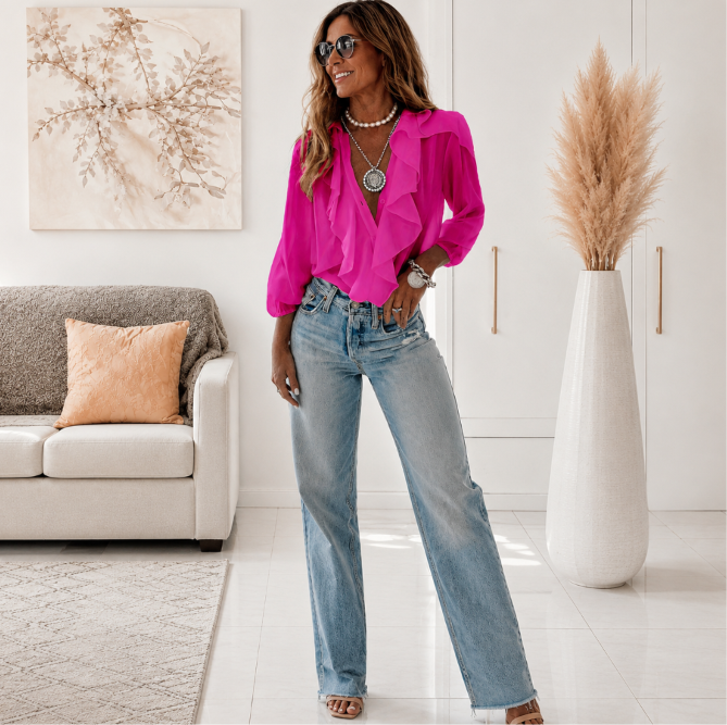 Greta | Elegante blusa de cuello en V con mangas largas y volantes