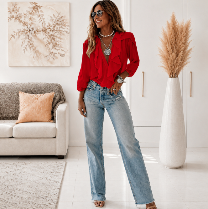 Greta | Elegante blusa de cuello en V con mangas largas y volantes