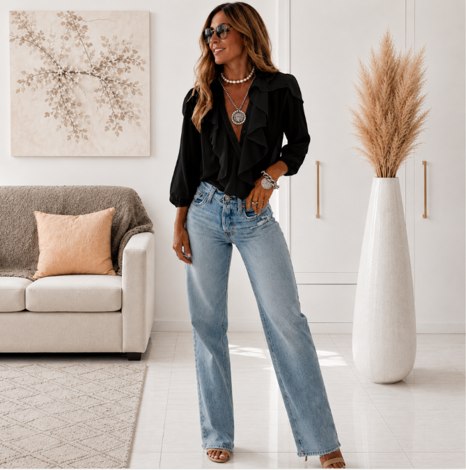 Greta | Elegante blusa de cuello en V con mangas largas y volantes