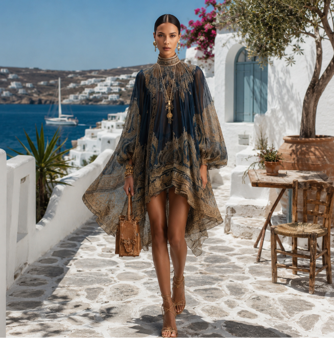 Valentina | Vestido mini de chifón con estampado barroco