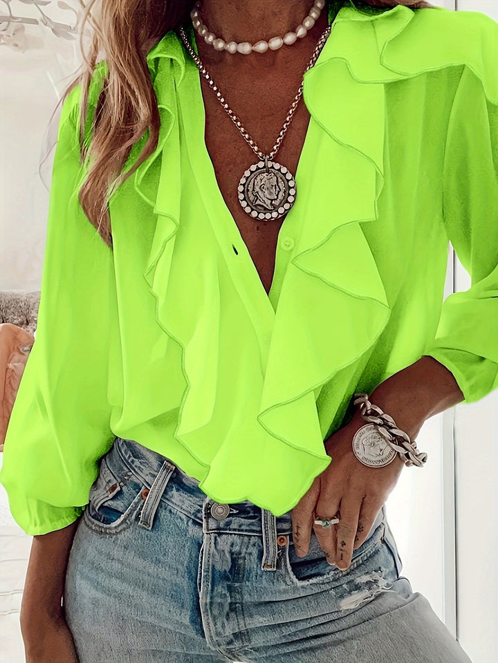 Greta | Elegante blusa de cuello en V con mangas largas y volantes