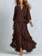 Ondine | Brown Chiffon Top with Fringes and Flared Skirt