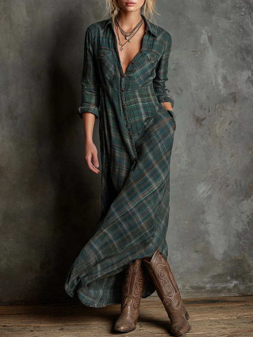 Candela | Vestido camisero largo con cuello de cuadros