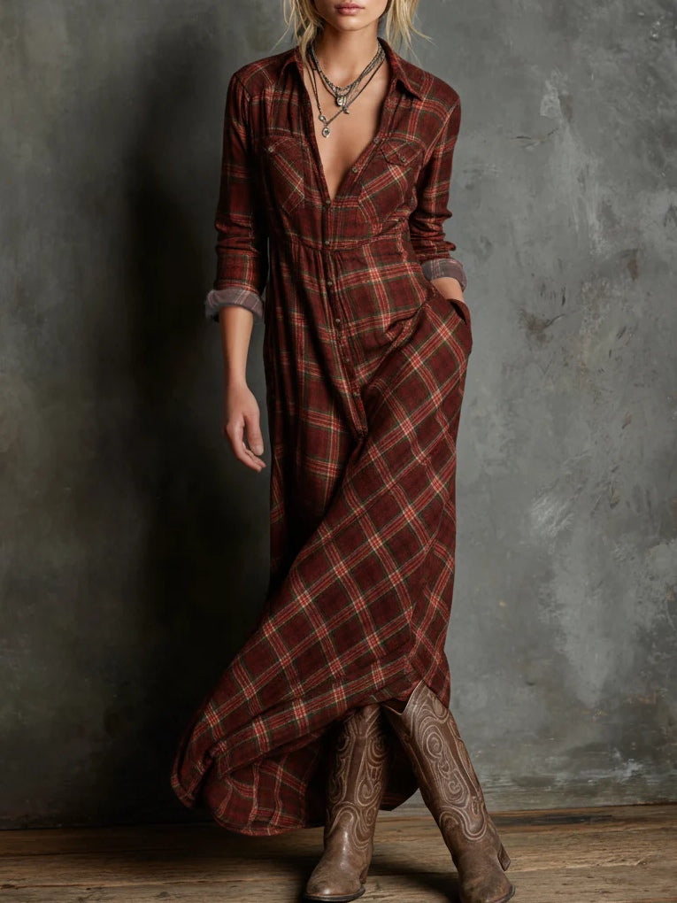 Candela | Vestido camisero largo con cuello de cuadros