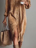 Béatrice | Midi Dress in Corduroy with Pockets and Single Button Closure