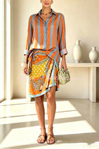 Satin Striped Print Long Bell Sleeve Shirt and Vintage Style Floral Wrap Mini Skirt Set