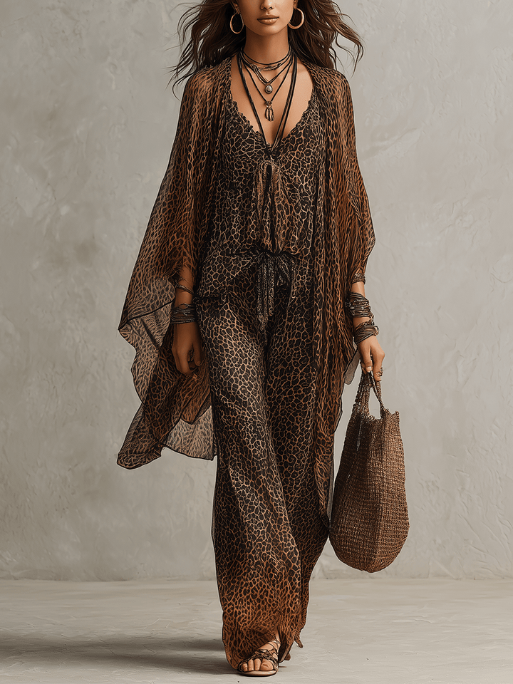 Ximena - Conjunto fluido de tres piezas con estampado de leopardo estilo boho