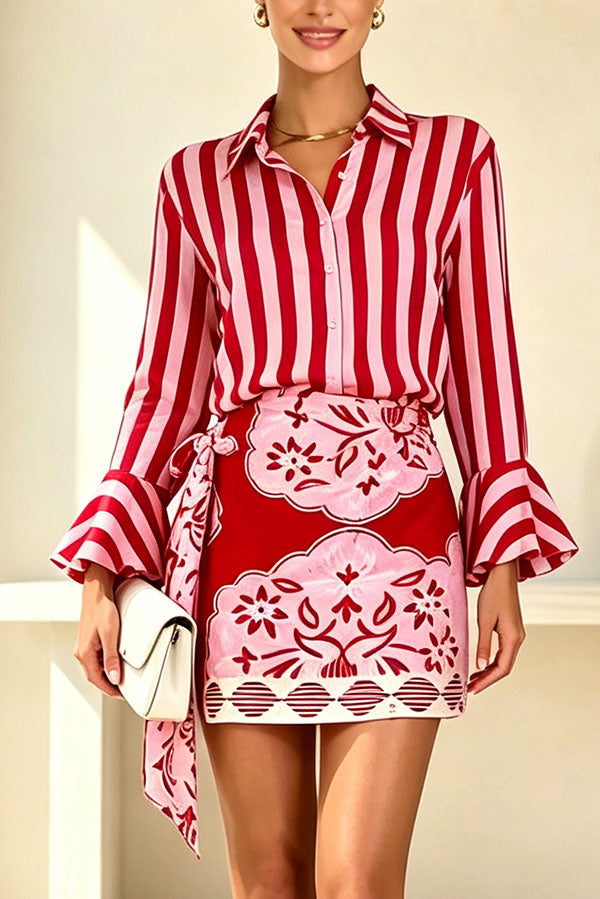 Satin Striped Print Long Bell Sleeve Shirt and Vintage Style Floral Wrap Mini Skirt Set