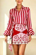 Satin Striped Print Long Bell Sleeve Shirt and Vintage Style Floral Wrap Mini Skirt Set