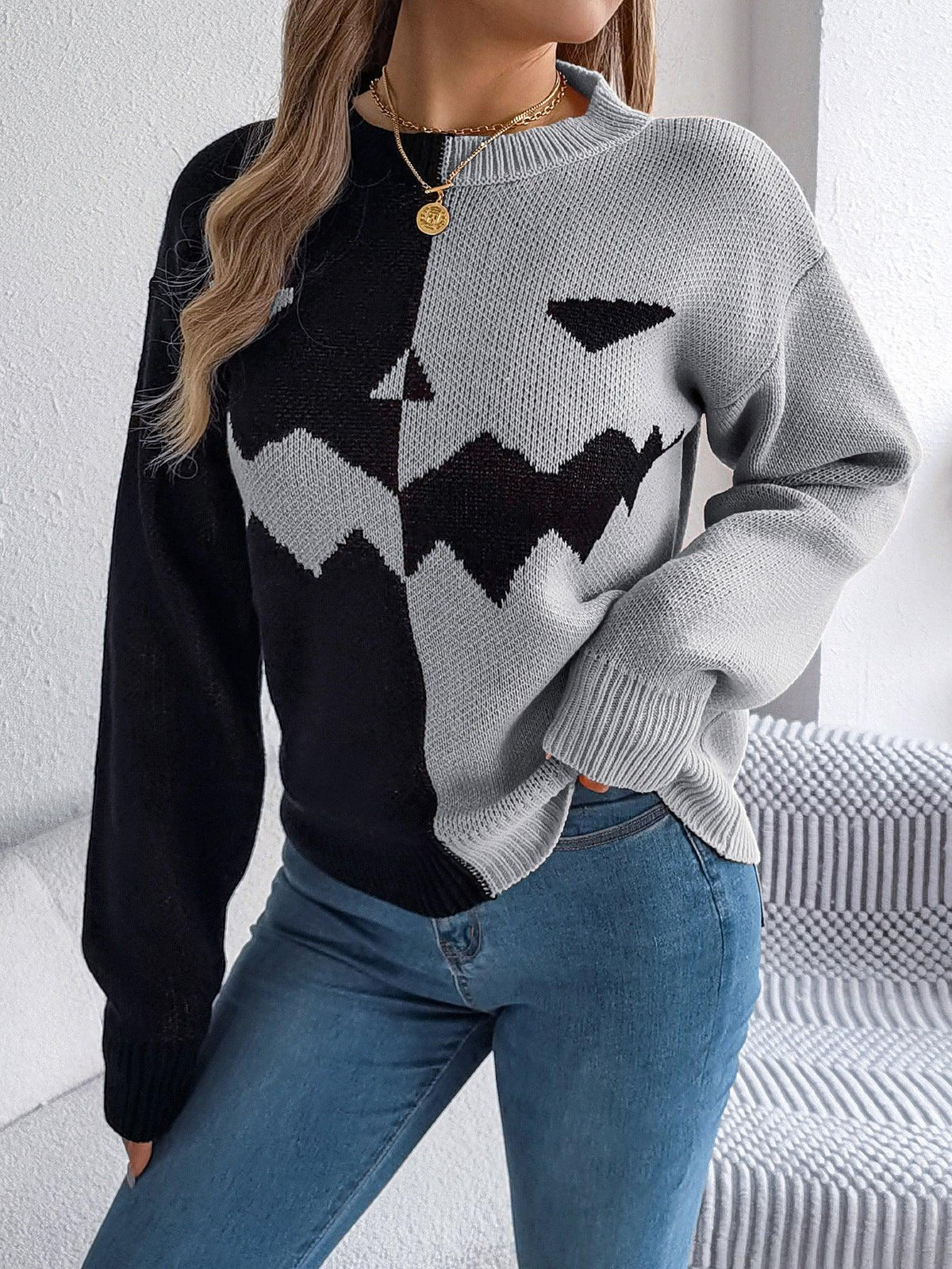 Halloween contrast-kleur pullover trui mode mode met lange mouwen gebreide tops voor dameskleding