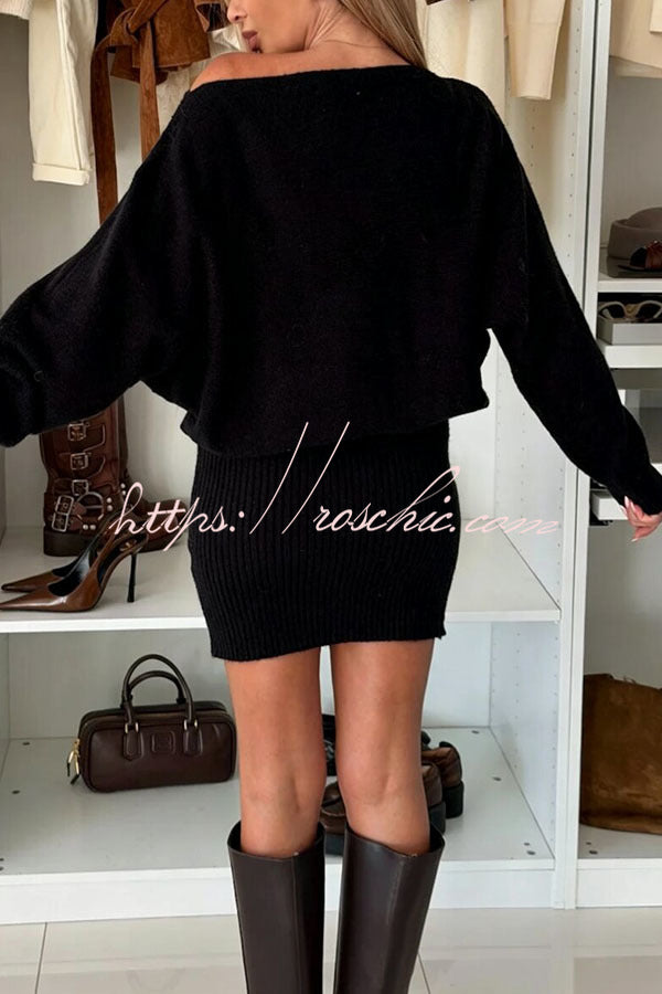 Sexy and Comfortable Knit Boat Neck Long Batwing Sleeve Ribbed Hem Mini Dress
