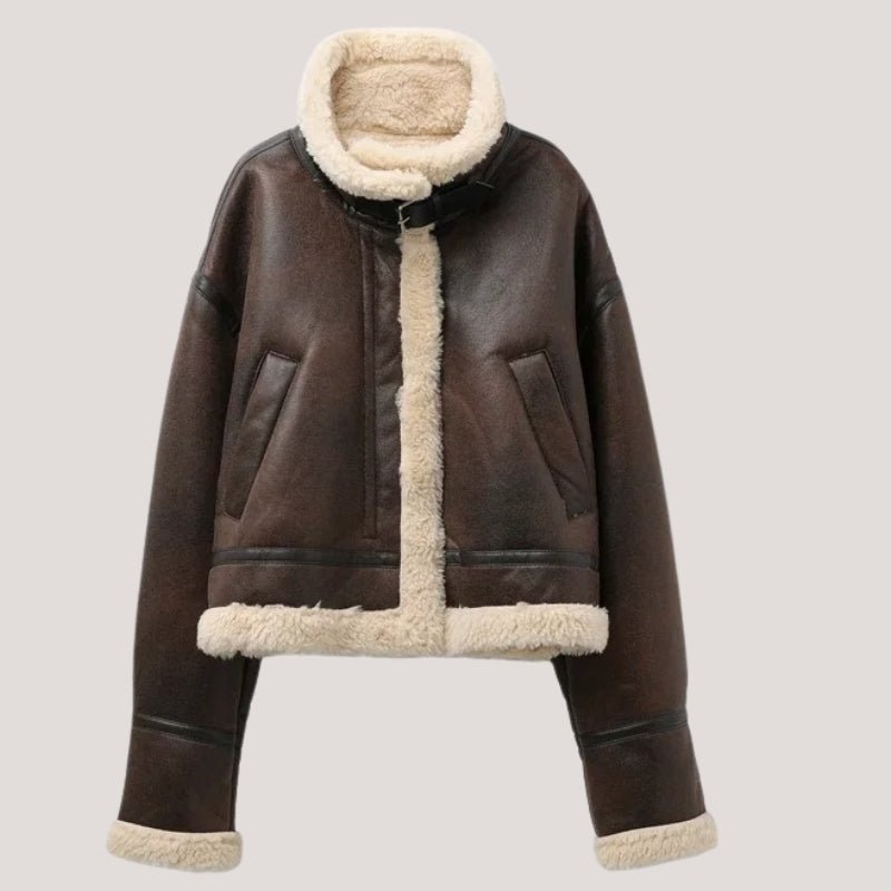 Elisa – Vintage Faux Shearling Biker Jacket