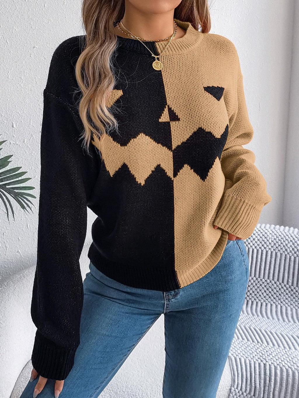 Halloween contrast-kleur pullover trui mode mode met lange mouwen gebreide tops voor dameskleding