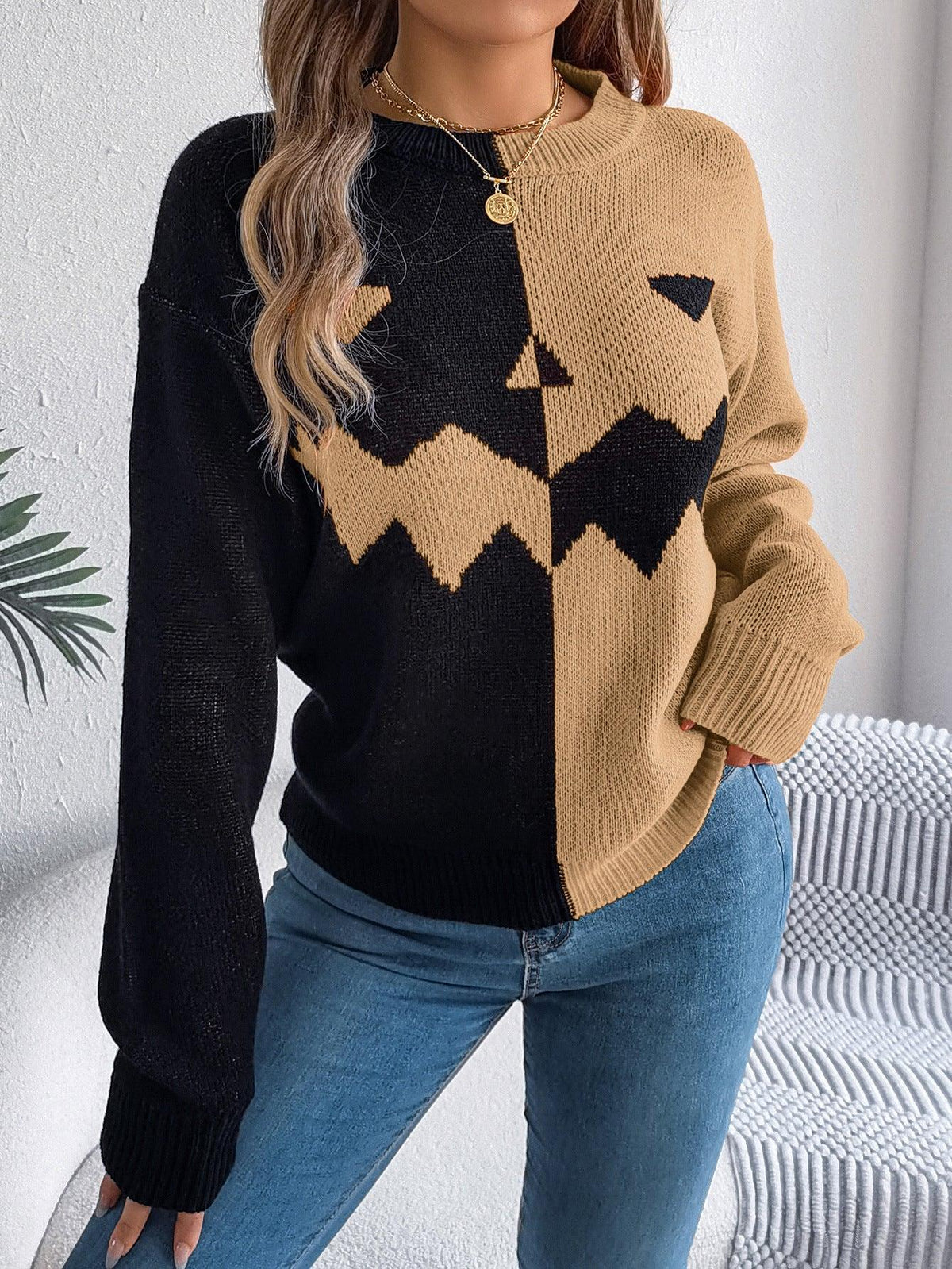 Halloween contrast-kleur pullover trui mode mode met lange mouwen gebreide tops voor dameskleding