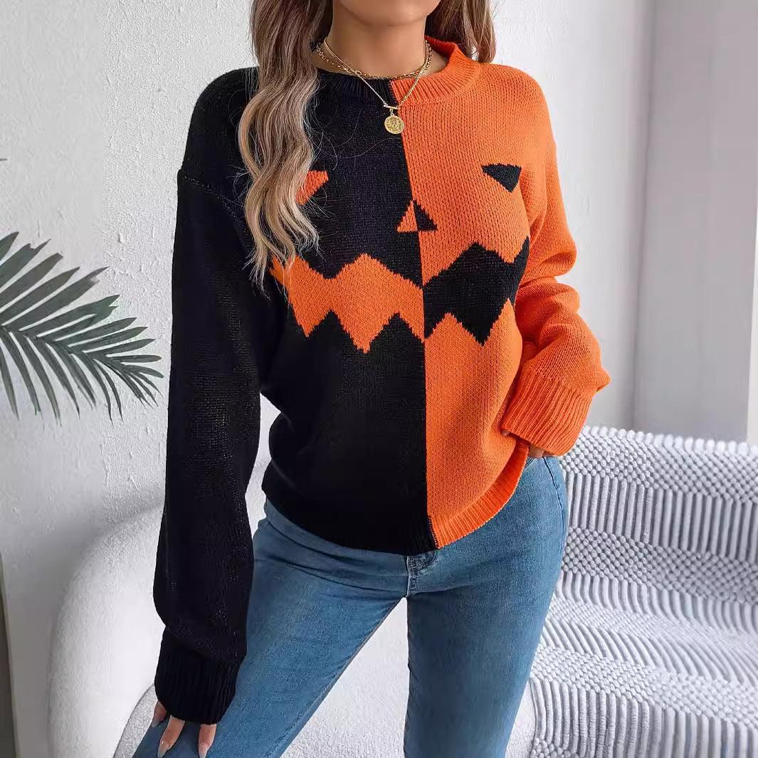 Halloween contrast-kleur pullover trui mode mode met lange mouwen gebreide tops voor dameskleding