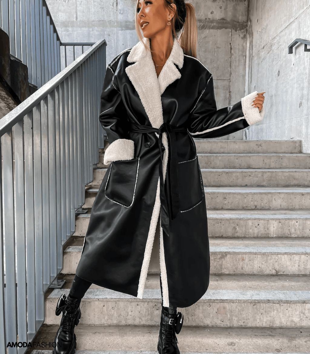 Winterjas Dames Lang van Leer met Zacht Fleece en Verstelbare Riem