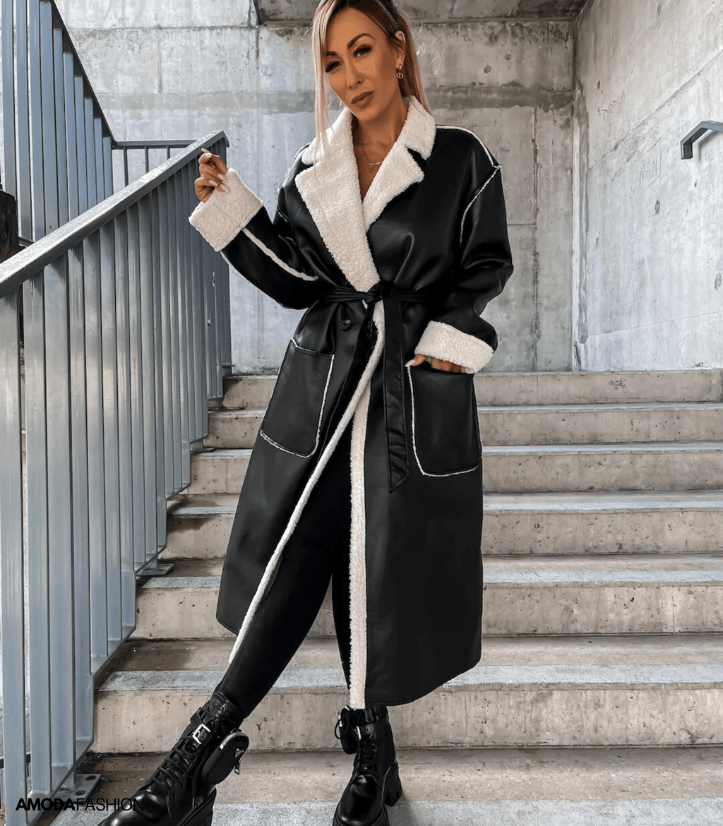 Winterjas Dames Lang van Leer met Zacht Fleece en Verstelbare Riem