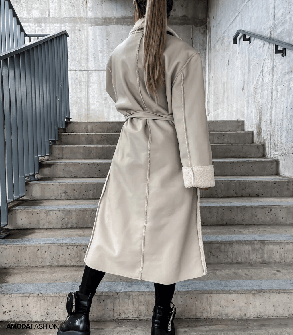 Winterjas Dames Lang van Leer met Zacht Fleece en Verstelbare Riem