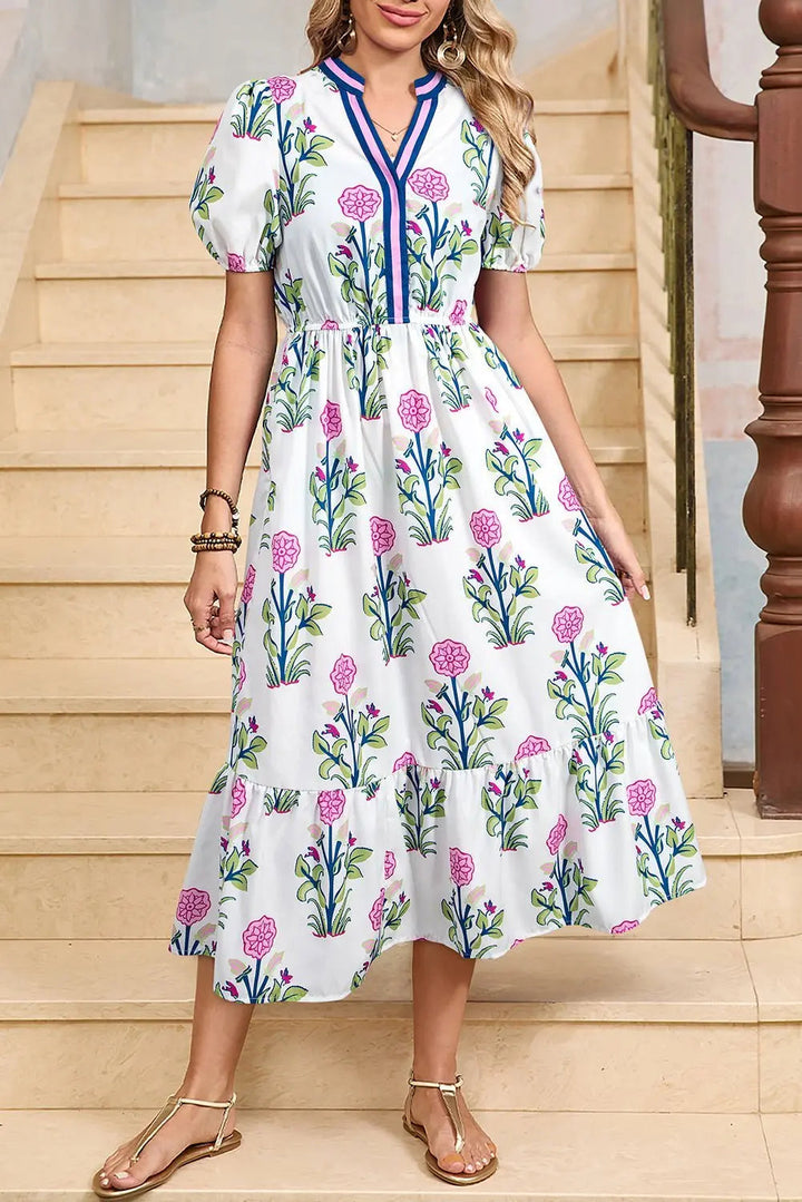 Tessa | Vestido midi boho con volantes y mangas abullonadas