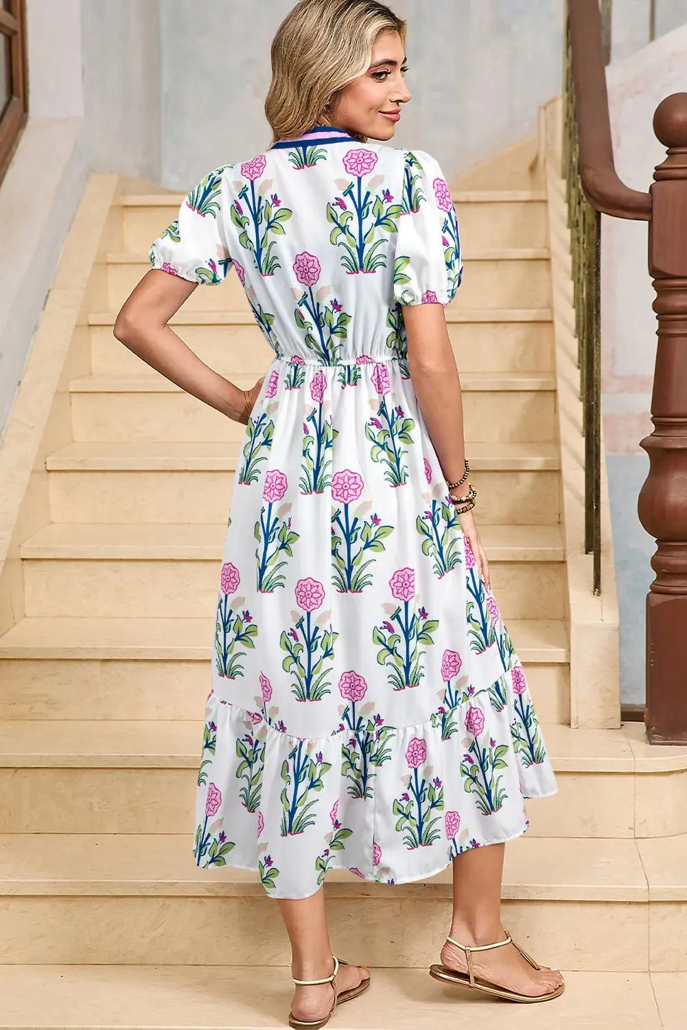 Tessa | Vestido midi boho con volantes y mangas abullonadas
