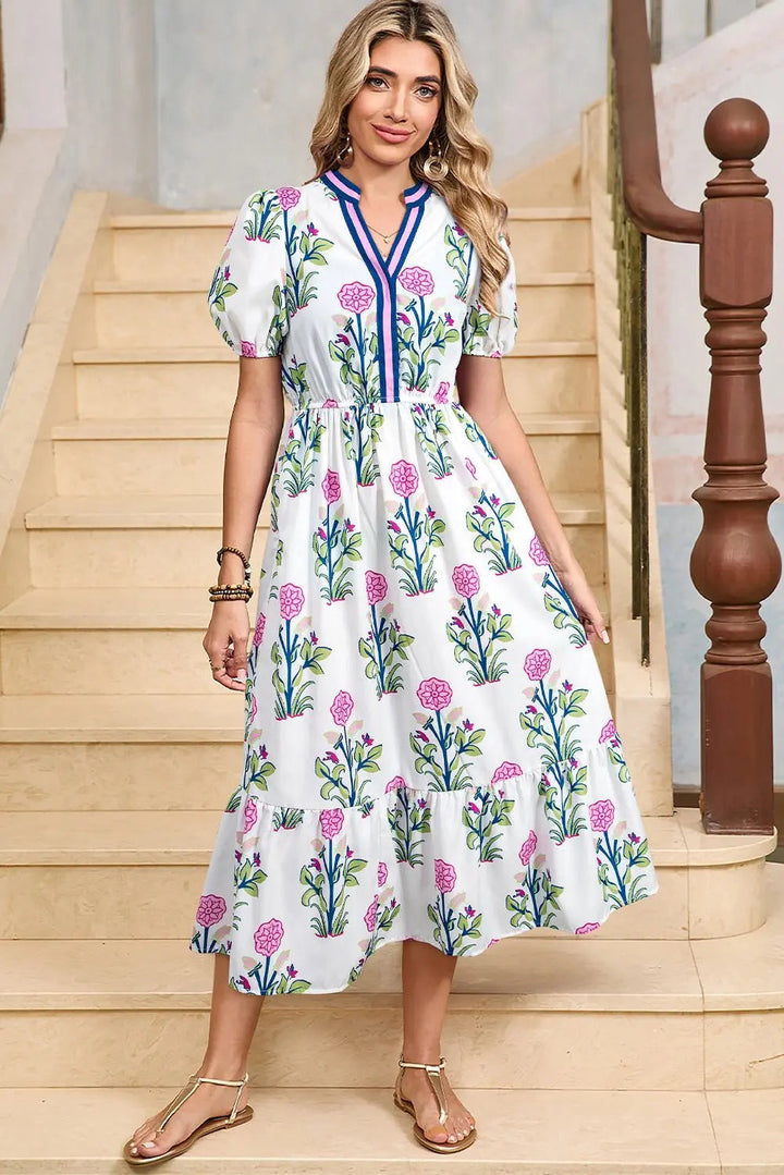 Tessa | Vestido midi boho con volantes y mangas abullonadas