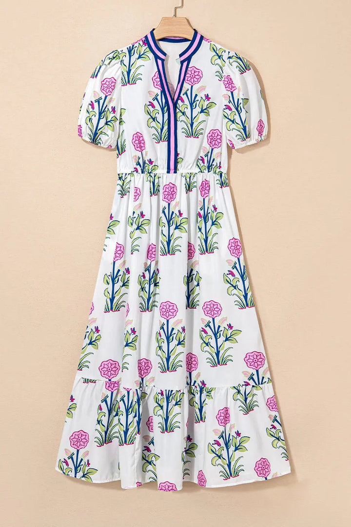 Tessa | Vestido midi boho con volantes y mangas abullonadas