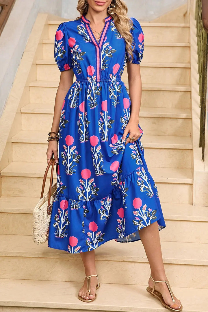 Tessa | Vestido midi boho con volantes y mangas abullonadas