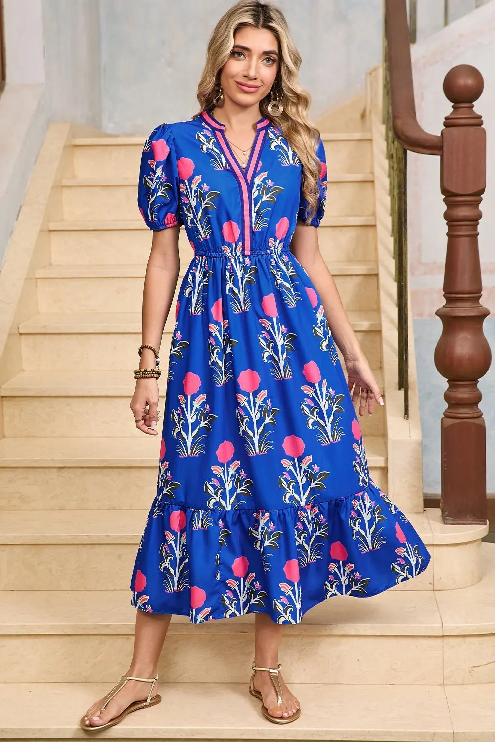 Tessa | Vestido midi boho con volantes y mangas abullonadas