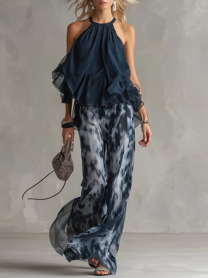 Silvia - Conjunto de gasa con top halter y pantalón ancho estampado, azul marino