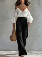 Gabriela - Conjunto de dos piezas con top de hombros descubiertos y pantalón ancho, blanco y negro