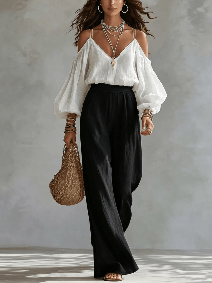 Gabriela - Conjunto de dos piezas con top de hombros descubiertos y pantalón ancho, blanco y negro