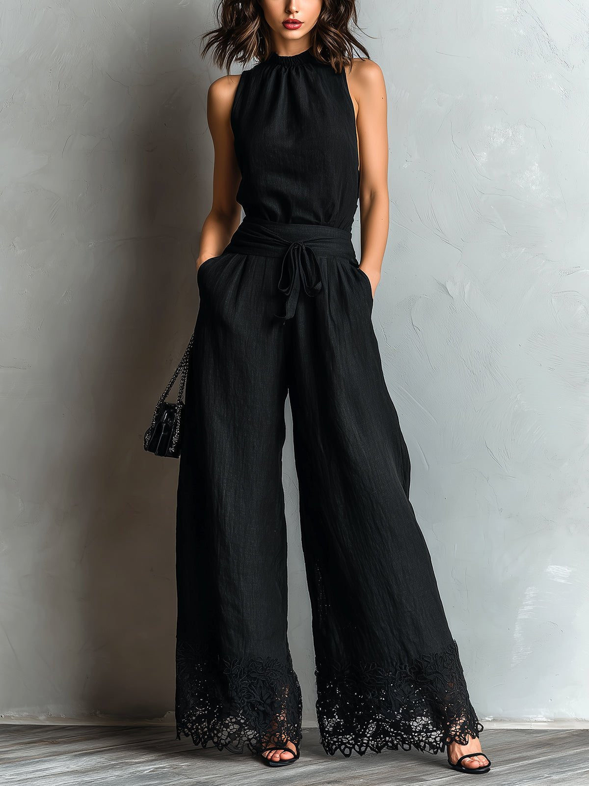 Nadia - Conjunto de dos piezas de mezcla de lino con top halter y pantalón ancho, negro