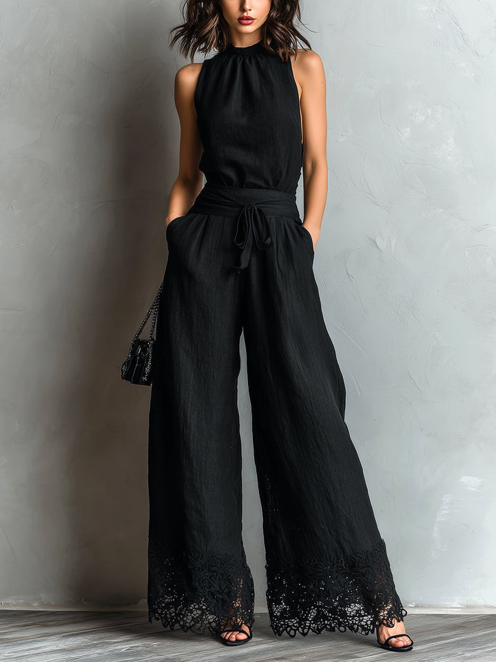 Nadia - Conjunto de dos piezas de mezcla de lino con top halter y pantalón ancho, negro